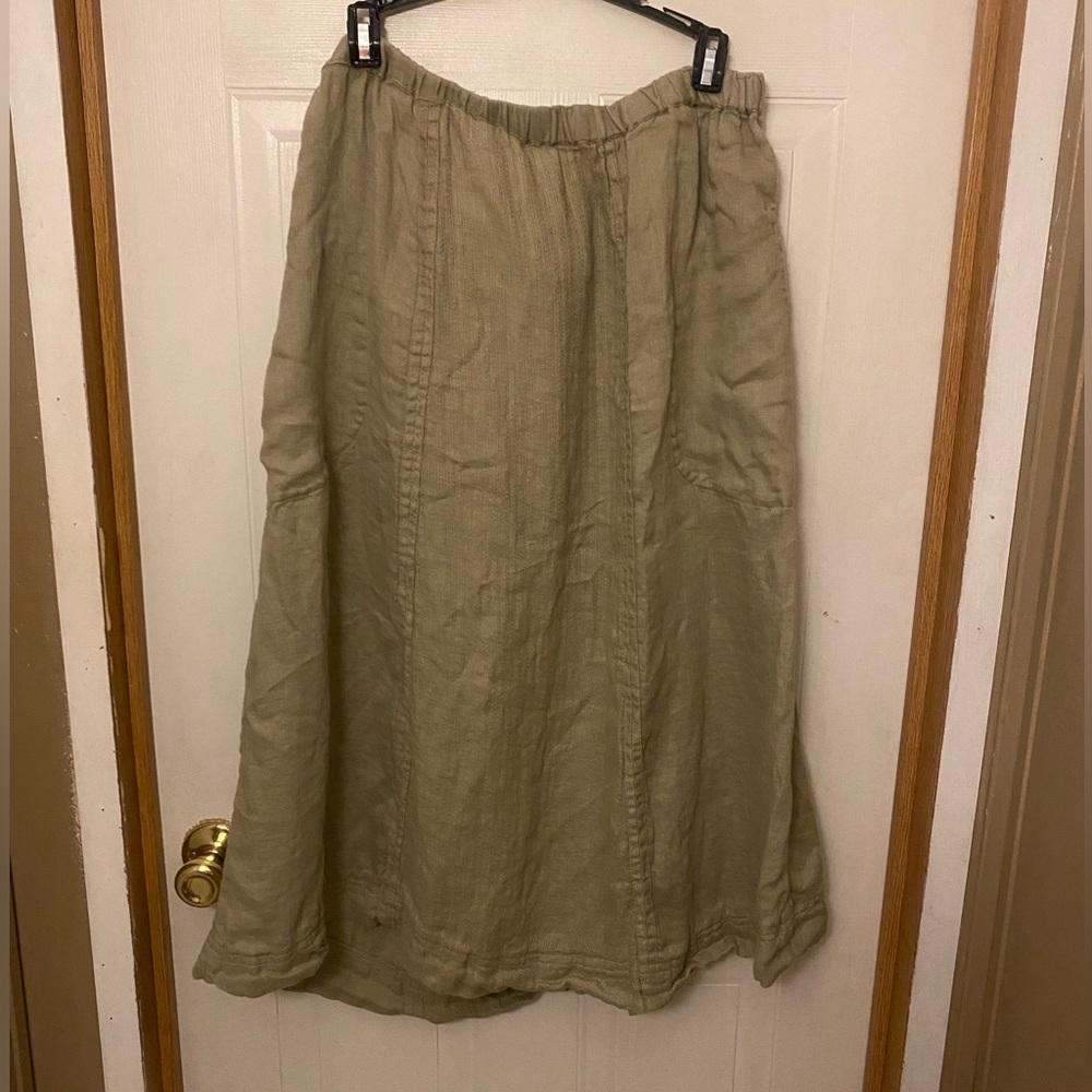Flax Dark Khaki Linen Midi Skirt